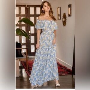 NWOT LULUS Sway in the Breeze White Leaf Print Off-the-Shoulder Maxi Dress